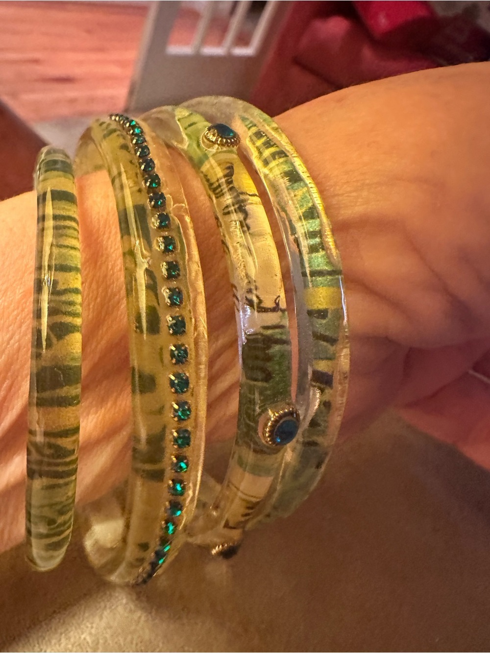 Clear Resin Bangle Set of 4 with Green Accents and Teal Rhinestones
